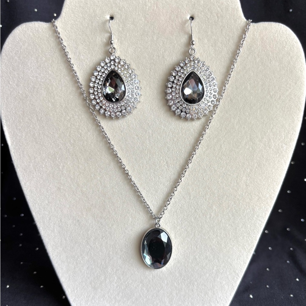 Silver-Tone Grey Crystal Necklace & Earrings Set